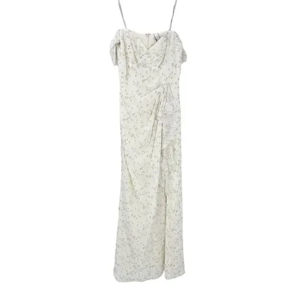 ML MONIQUE LHUILLIER Women's Off-the-Shoulder Metallic Chiffon Gown Beige 4 NWT